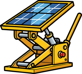 Cartoon illustration of a yellow solar panel on a hydraulic lift, representing renewable energy and mechanical innovation.