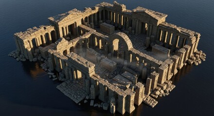 Ancient Ruins of a Temple with Stone Columns and Archways Surrounded by Water in Aerial View