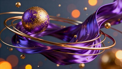 Luxurious Abstract 3D Renderings Vibrant Silk, Glitter Spheres, & Metallic Rings Collection | Elegant Jewel-Toned Modern Wall Art