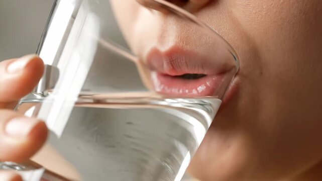 Close-up of a person hydrating with cool water from a transparent drinking glass.