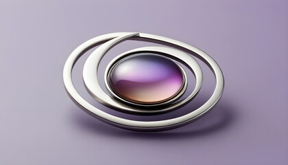 A modern, abstract silver brooch brewing with a swirling design and a colorful, iridescent gemstone at its center, set against a soft purple background