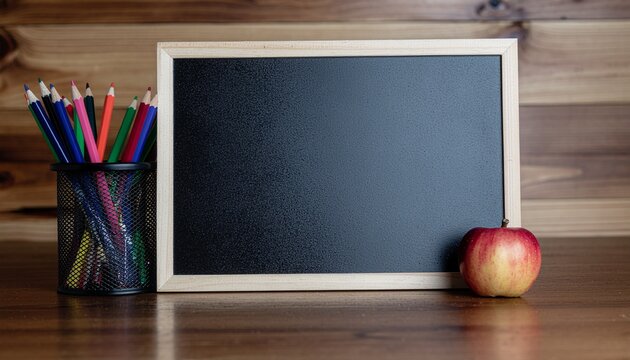 Back to School Still Life: Chalkboard, Apple, and Colored Pencils on Wooden Desk - Powered by Adobe