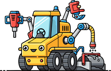 Cute Cartoon Construction Vehicle with Multiple Attachments.