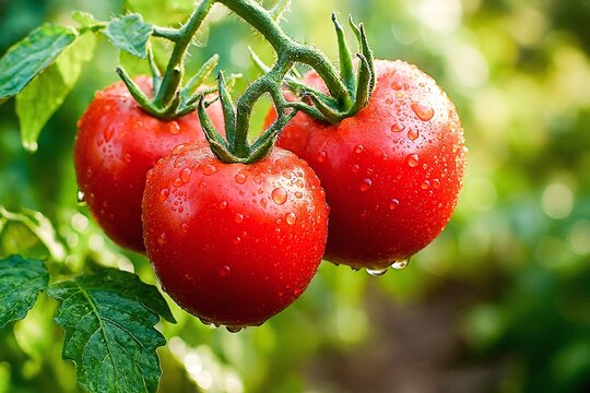 Cluster of ripe red tomatoes on a vine with droplets of water, set in a sunny garden. Vibrant, fresh produce ideal for food, garden, and healthy living themes.