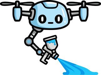 Cute Drone Robot with Paint Spray Gun Cartoon Illustration.