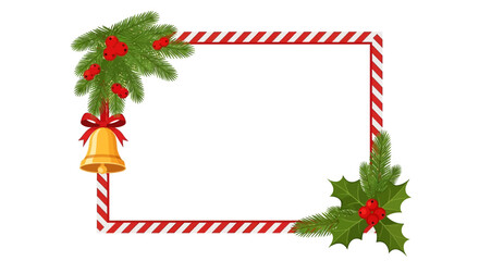 Vector illustration of a Christmas holiday frame with candy cane pattern, decorated with pine, holly, and a jingle bell