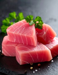 Tuna cubes on black slate