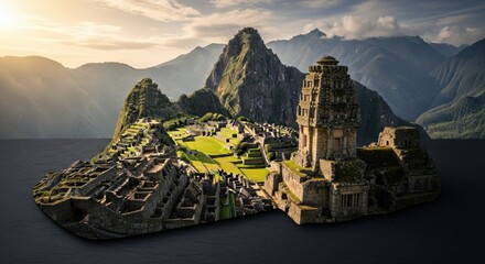 Ancient Incan Citadel with Stepped Terraces and Tower Surrounded by Mountainous Landscape at Sunset