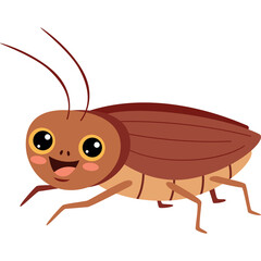 Cute cartoon brown cockroach with big eyes and a happy smile against a transparent background symbolizing pest control or insect illustration