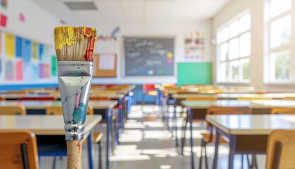 Colorful Paintbrush in Classroom: Artistic Learning Environment with Desks and Blackboard