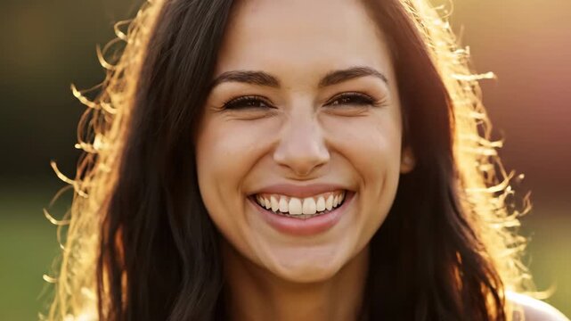 Close-up of a joyful young woman with dark hair smiling brightly in golden sunlight