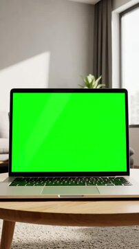 Modern Home Workspace with young adult analyzing laptop display green screen in living room using mockup template isolated copy space and blank chrma key background on computer remote school student