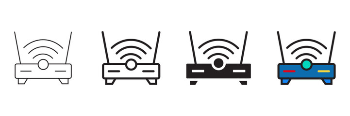 Set of minimalist wireless router icons with transparent background, depicting network devices, internet access, wifi connectivity, and technology, vector illustration