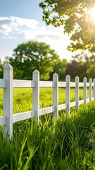 White picket fence in a sunlit grassy field