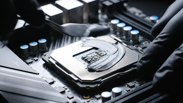 Computer component installation technician applies thermal paste for optimal heat transfer on a motherboard