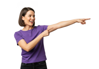 Woman pointing to the right isolated on transparent background