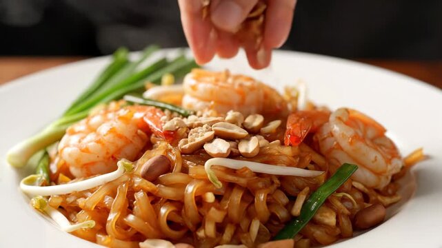 Hand sprinkling peanuts over delicious Pad Thai with shrimp and fresh ingredients