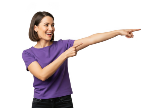 Woman pointing to the right isolated on transparent background