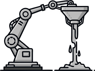 Robotic arm pouring liquid concrete, industrial automation concept.