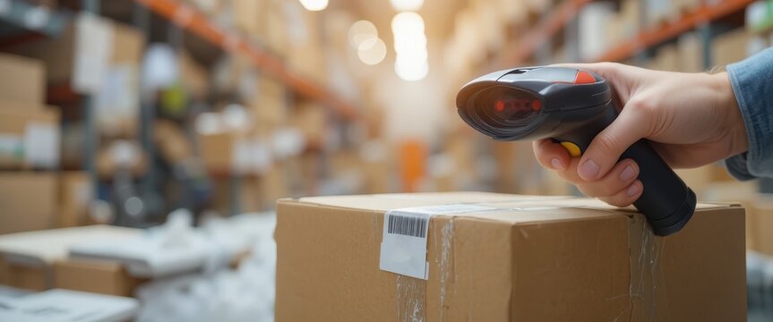 Hand holding scanner device over cardboard box with barcode in warehouse - Powered by Adobe