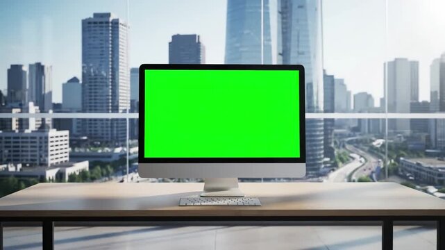 Green Screen desktop computer monitor with mock up chroma key display standing on the desk in modern business office background glass wall big city zoom out shot scene 3 distortion, overlay, glitch