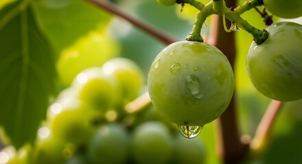 Fresh Green Grapes Hanging on a Vine with Water Droplets After Rain in a Vineyard