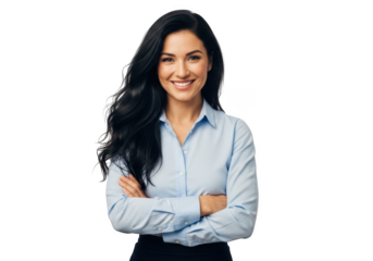 Smiling woman in blue shirt isolated on transparent background