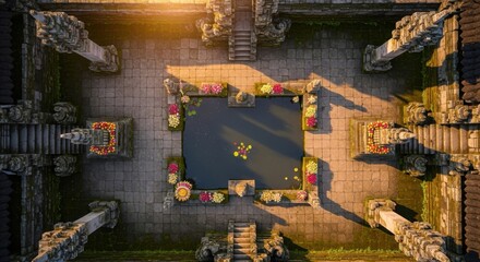 Aerial View of Ancient Temple Ruins with Flower Decorations and Reflective Pool in Sunlight
