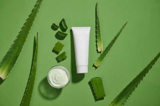 An eye-level shot of a cream tube, aloe vera leaves, and cream bowl