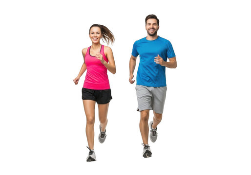 Man and woman running together isolated on transparent background