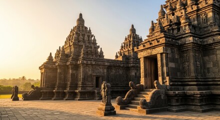 Ancient Stone Temples at Sunset in Historic Religious Site