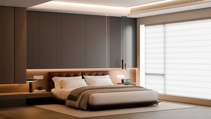 Modern Minimalist Bedroom Interior with Frame Poster Mockup - 3d Render
