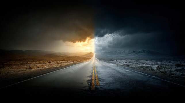 Choice, decision-making, and the uncertainty of direction in life or business, good vs bad concept. Road splitting into two paths under a dark, stormy sky