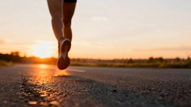 running shoes hitting pavement at sunrise, motivation concept