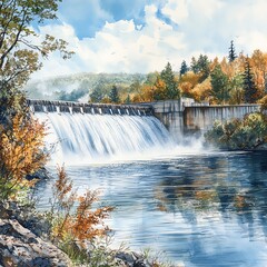 A serene watercolor depiction of a dam with cascading water, showcasing nature's beauty and engineering.   high resolution   for isolate image