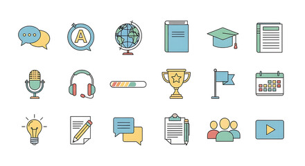 Colorful set of education and e-learning icons representing various academic and digital learning concepts.