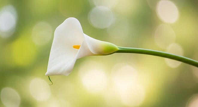 A single white calla lily with a green stem against a blurred green and yellow background outdoors