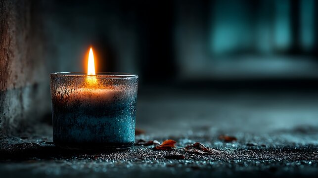 Single tiny candle flame in dark minimal space, warm glowing light surrounded by subtle vignette, tranquil serene background ideal for design or meditation visuals