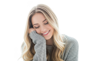 Young woman smiling with eyes closed, isolated on transparent background
