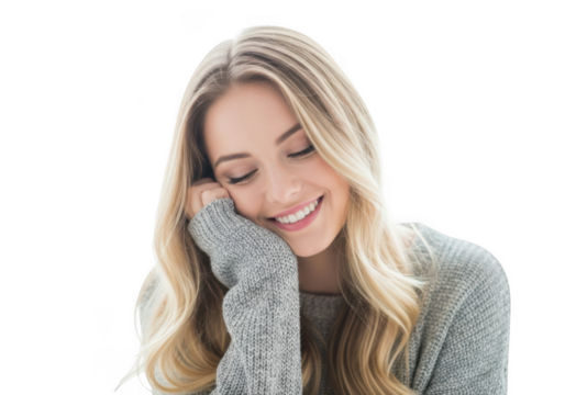 Young woman smiling with eyes closed, isolated on transparent background