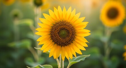 Obraz premium Close up of a vibrant yellow sunflower with a dark center in a field of green foliage and sunlight