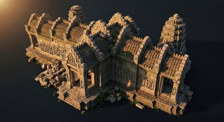 Ancient Stone Temple Ruins Surrounded by Water Under Warm Sunlight