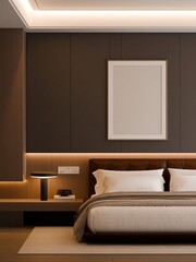 Modern Minimalist Bedroom Interior with Frame Poster Mockup - 3d Render
