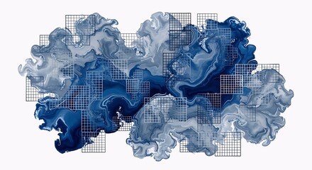 Abstract blue fluid dynamics art with geometric overlays and intricate patterns