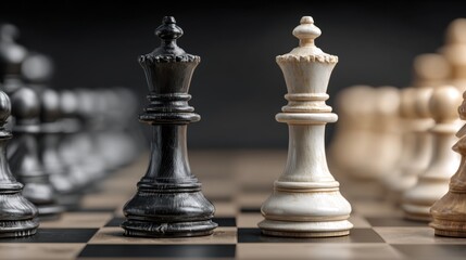 Two opposing chess queens face each other. Rivalry, contrast, and opposition, tension, duality, and the concept of versus in competition 