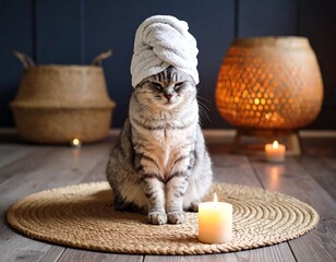Relaxed Cat with Towel
