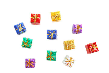 Looking down on miniature gifts on a transparent background.