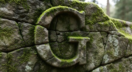 Mossy Stone Engraving of a Capital Letter G in a Forest Setting