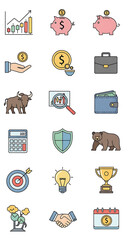 Collection of financial and business-related icons, representing various concepts and elements.