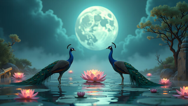 Two Peacocks Reflected in Water with Full Moon and Lotus Flowers